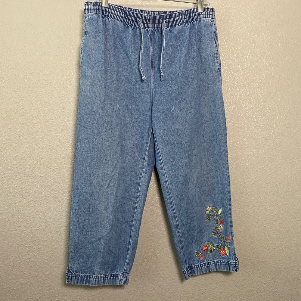 Y2K Denim Cropped Jeans Small 2000s Embroidered Floral 2000s Bohemian Boho Retro